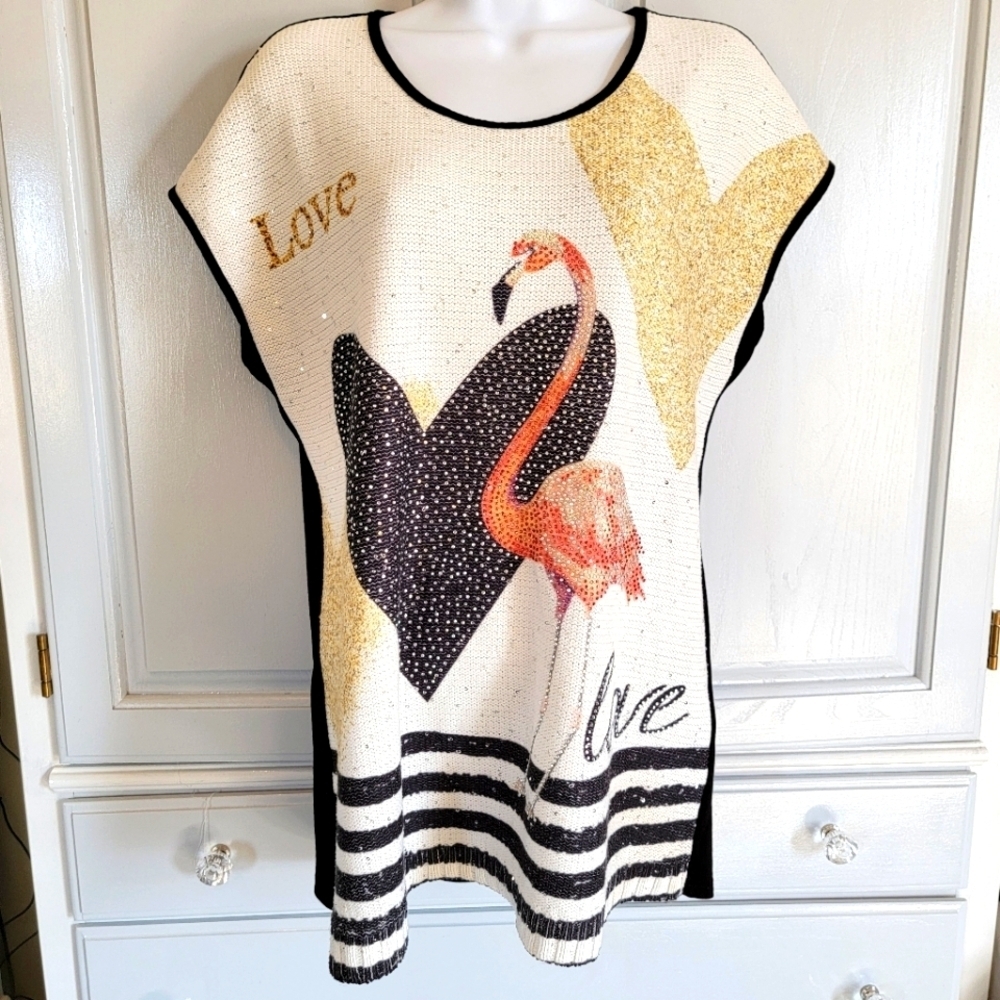 Tricotto Sleeveless Top Rhinestone Front Flamingo Hearts Love Black Back Size M